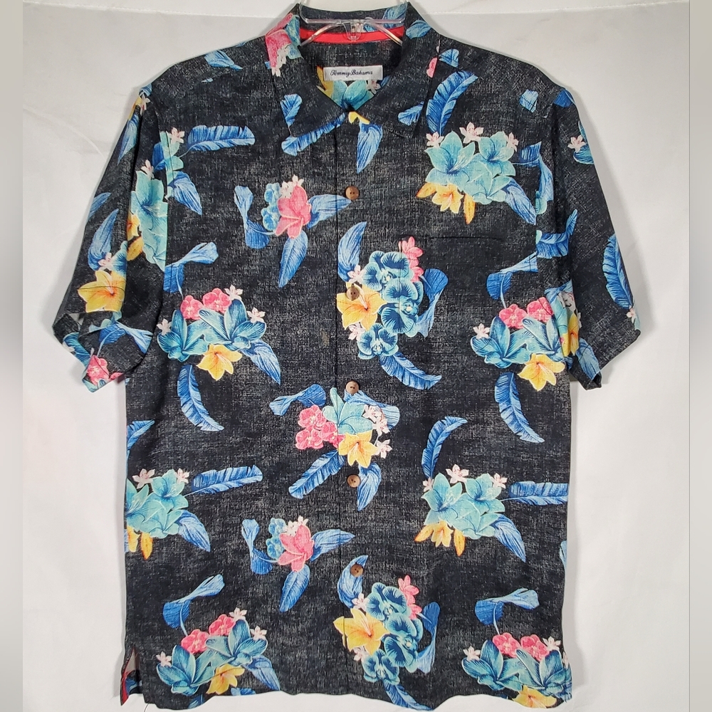 TOMMY BAHAMA BLACK BLUE FLORAL 100% SILK BUTTON UP SHIRT ORIGINAL FIT